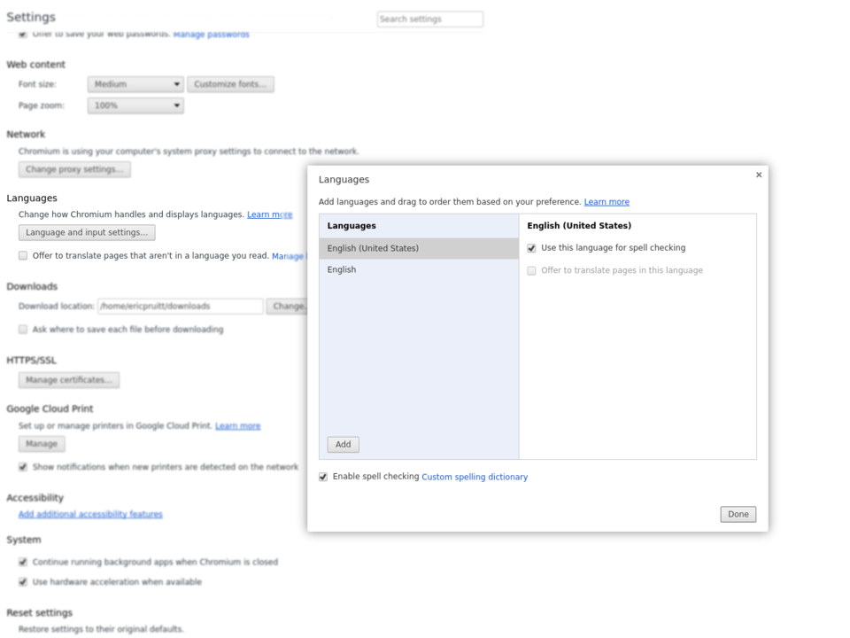 Chromium language settings dialogue
