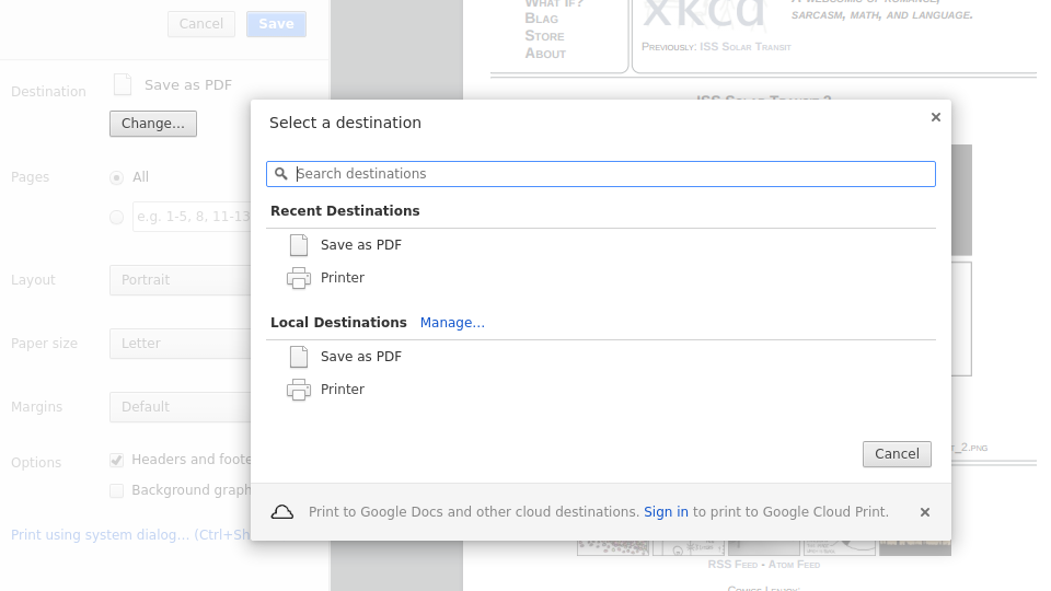 Chromium printer selection dialogue