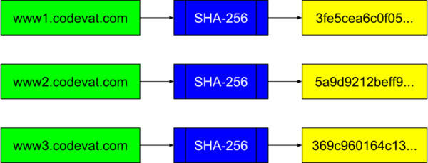 Avalanche effect example showing the SHA-256 hashes of www1.codevat.com, www2,codevat.com and www3.codevat.com formatted as a UML activity diagram with "SHA-256" between each hostname and the associatedhash